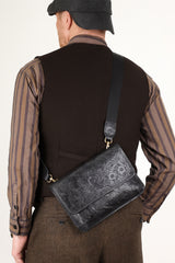 Men's Full Grain Leather Crossbody Bag, Handcrafted Embossed Floral Messenger Bag, Antique Leather Brown Purse