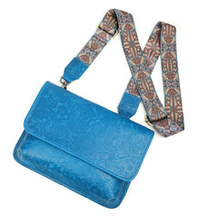 Men's Full Grain Leather Crossbody Bag, Handcrafted Embossed Floral Messenger Bag, Antique Leather Brown Purse