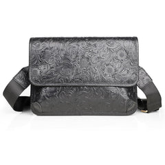 Men's Full Grain Leather Crossbody Bag, Handcrafted Embossed Floral Messenger Bag, Antique Leather Brown Purse