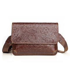 Men's Full Grain Leather Crossbody Bag, Handcrafted Embossed Floral Messenger Bag, Antique Leather Brown Purse