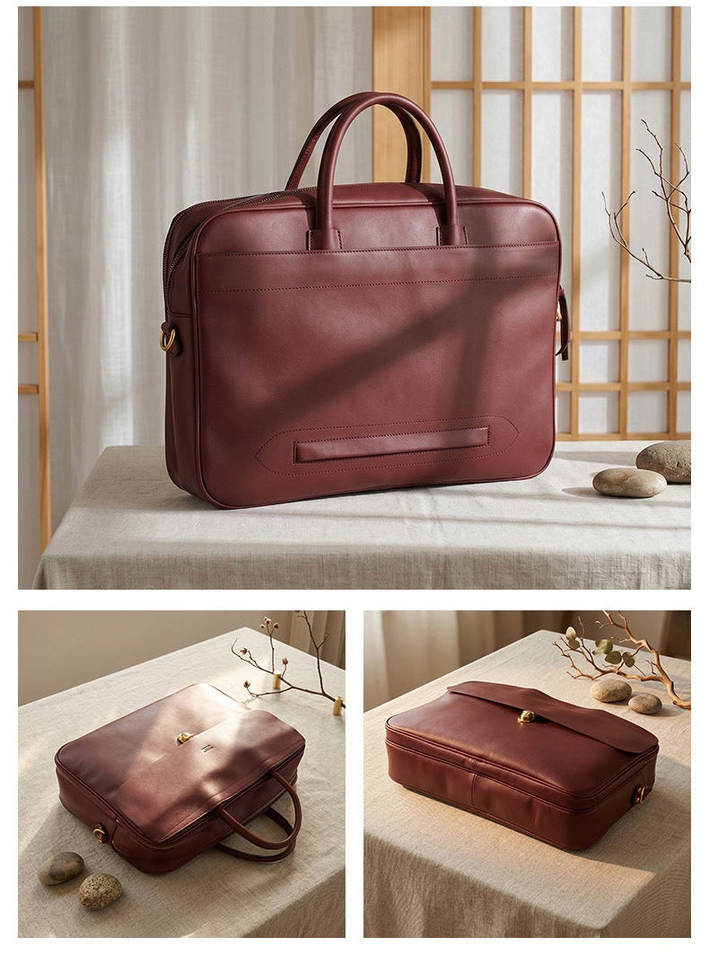 Men's Full Grain Leather Briefcase | Handmade Vintage Vegetable-Tanned Business Laptop Bag with trolley sleeve