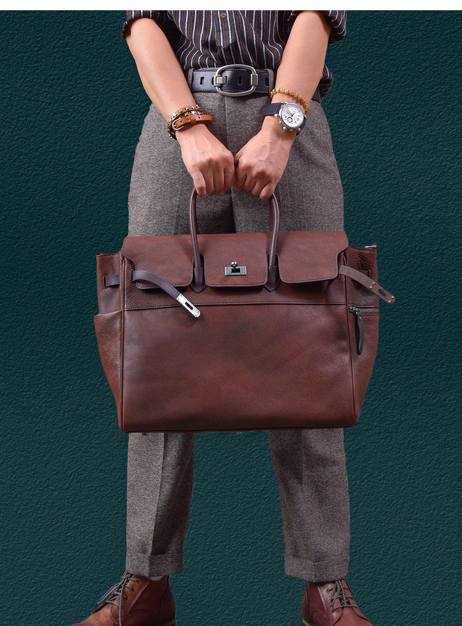 Men's Full Grain Leather Briefcase | Large Business Laptop Bag with Turn-Lock Flap