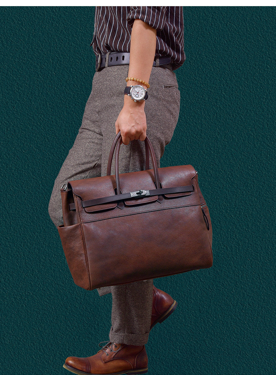 Men's Full Grain Leather Briefcase | Large Business Laptop Bag with Turn-Lock Flap