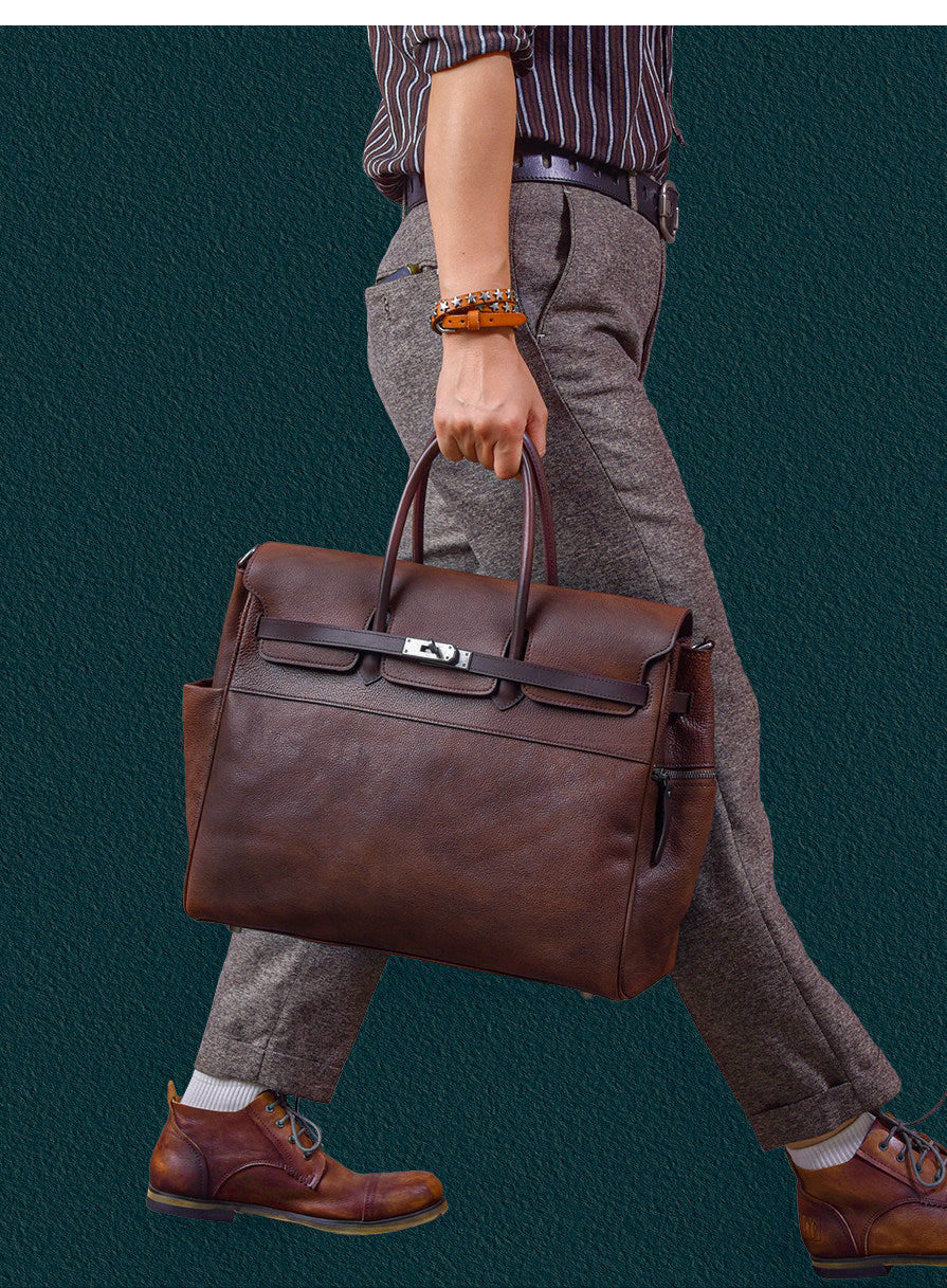 Men's Full Grain Leather Briefcase | Large Business Laptop Bag with Turn-Lock Flap