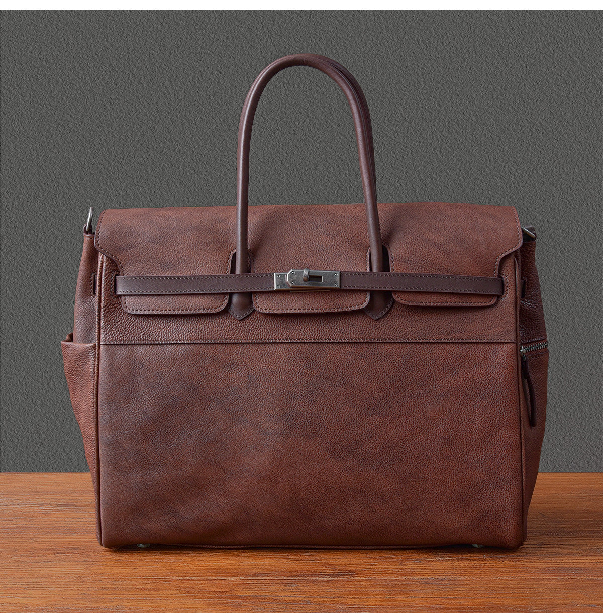 Men's Full Grain Leather Briefcase | Large Business Laptop Bag with Turn-Lock Flap