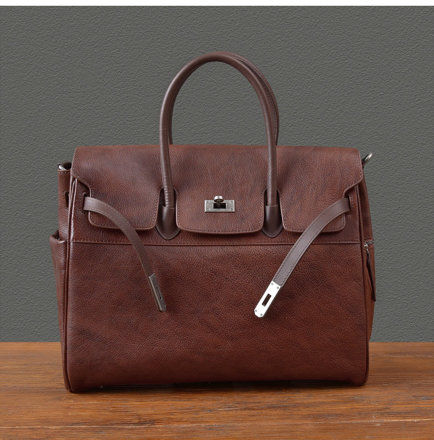 Men's Full Grain Leather Briefcase | Large Business Laptop Bag with Turn-Lock Flap