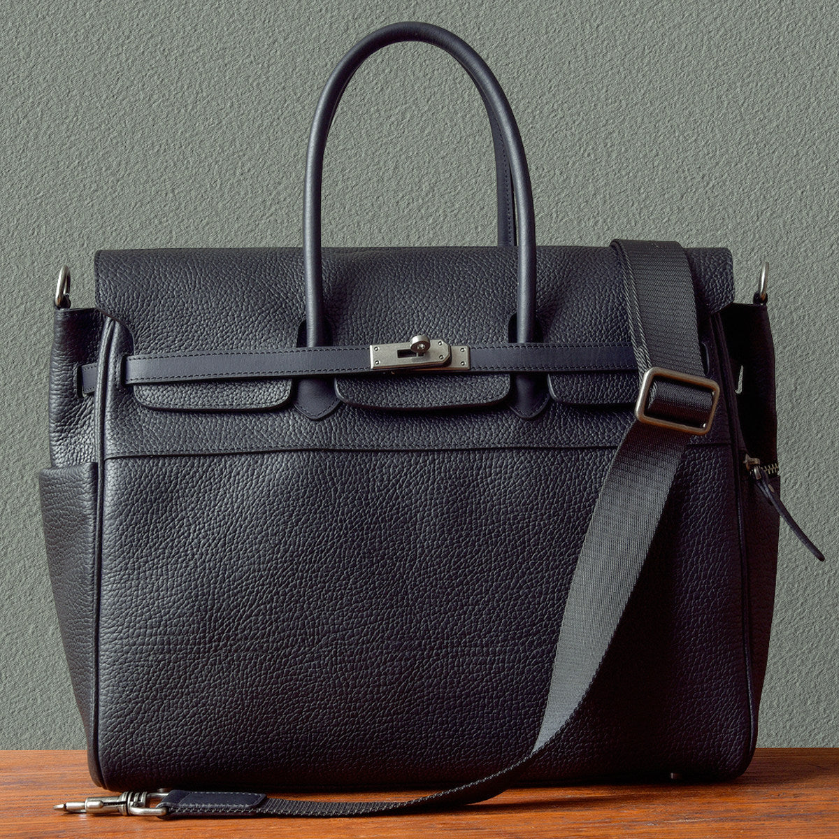 Men's Full Grain Leather Briefcase | Large Business Laptop Bag with Turn-Lock Flap