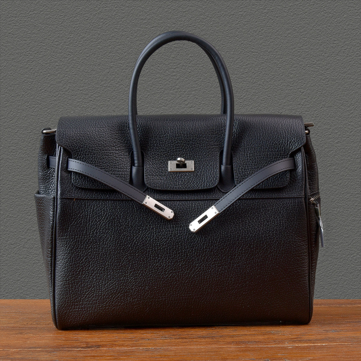Men's Full Grain Leather Briefcase | Large Business Laptop Bag with Turn-Lock Flap