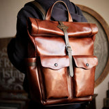 Men’s Full Grain Leather Roll Top Backpack, Handcrafted Vintage Italian Cowhide Laptop, Travel, and Work Bag