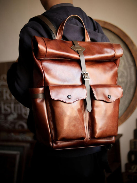 Men’s Full Grain Leather Roll Top Backpack, Handcrafted Vintage Italian Cowhide Laptop, Travel, and Work Bag