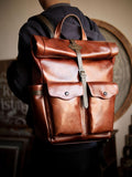 Men’s Full Grain Leather Roll Top Backpack, Handcrafted Vintage Italian Cowhide Laptop, Travel, and Work Bag
