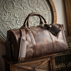 Men’s Full Grain Leather Travel Duffel, Large Crazy Horse Leather Carry-On Bag for Business, Camping & Short Trips