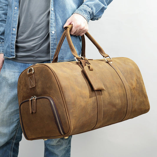 Men's or Women's Premium Leather Travel Duffel Bag | Carry-All Duffel - Handcrafted Waterproof Gym Carry-On with Shoe Compartment,