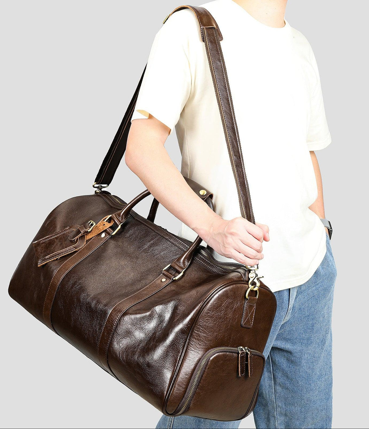 Men's Leather Travel Duffle Bag - Grain Leather Gym Bag with Shoe Compartment, Handheld and Crossbody Carry, Large Weekender Bag