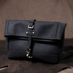 Men's Vintage Crazy Horse Leather Messenger Bag｜Handmade Rugged Fold-Over Motorcycle Crossbody & Commuter Satchel