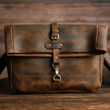 Men's Vintage Crazy Horse Leather Messenger Bag｜Handmade Rugged Fold-Over Motorcycle Crossbody & Commuter Satchel