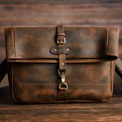 Men's Vintage Crazy Horse Leather Messenger Bag｜Handmade Rugged Fold-Over Motorcycle Crossbody & Commuter Satchel