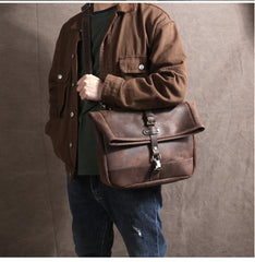 Men's Vintage Crazy Horse Leather Messenger Bag｜Handmade Rugged Fold-Over Motorcycle Crossbody & Commuter Satchel