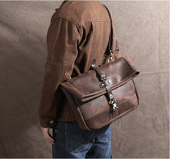 Men's Vintage Crazy Horse Leather Messenger Bag｜Handmade Rugged Fold-Over Motorcycle Crossbody & Commuter Satchel