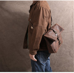 Men's Vintage Crazy Horse Leather Messenger Bag｜Handmade Rugged Fold-Over Motorcycle Crossbody & Commuter Satchel