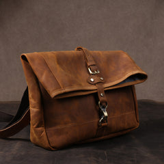 Men's Vintage Crazy Horse Leather Messenger Bag｜Handmade Rugged Fold-Over Motorcycle Crossbody & Commuter Satchel