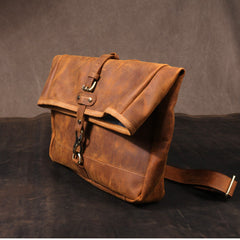 Men's Vintage Crazy Horse Leather Messenger Bag｜Handmade Rugged Fold-Over Motorcycle Crossbody & Commuter Satchel