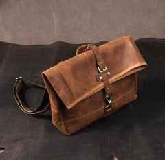 Men's Vintage Crazy Horse Leather Messenger Bag｜Handmade Rugged Fold-Over Motorcycle Crossbody & Commuter Satchel