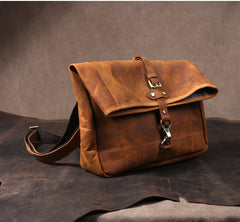 Men's Vintage Crazy Horse Leather Messenger Bag｜Handmade Rugged Fold-Over Motorcycle Crossbody & Commuter Satchel