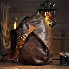 Men's Vintage Full-Grain Leather Sling Bag, Handmade Casual Large Crossbody Chest Pack, Convertible Backpack