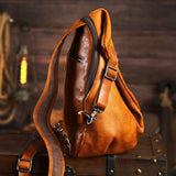 Men's Vintage Full-Grain Leather Sling Bag, Handmade Casual Large Crossbody Chest Pack, Convertible Backpack