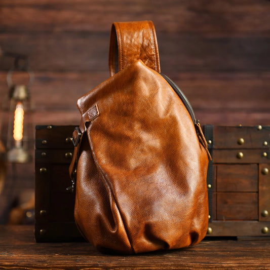 Men's Vintage Full-Grain Leather Sling Bag, Handmade Casual Large Crossbody Chest Pack, Convertible Backpack