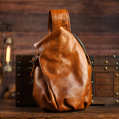 Men's Vintage Full-Grain Leather Sling Bag, Handmade Casual Large Crossbody Chest Pack, Convertible Backpack