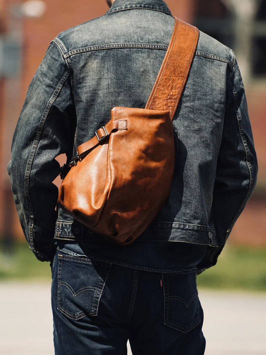 Men's Vintage Full-Grain Leather Sling Bag, Handmade Casual Large Crossbody Chest Pack, Convertible Backpack