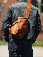 Men's Vintage Full-Grain Leather Sling Bag, Handmade Casual Large Crossbody Chest Pack, Convertible Backpack