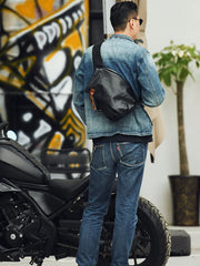 Men's Vintage Full-Grain Leather Sling Bag, Handmade Casual Large Crossbody Chest Pack, Convertible Backpack