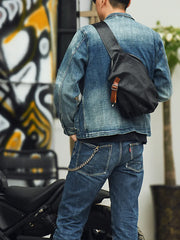 Men's Vintage Full-Grain Leather Sling Bag, Handmade Casual Large Crossbody Chest Pack, Convertible Backpack