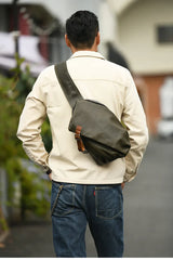 Men's Vintage Full-Grain Leather Sling Bag, Handmade Casual Large Crossbody Chest Pack, Convertible Backpack
