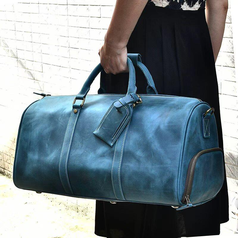 Men’s Full Grain Leather Travel Duffel, Large Crazy Horse Leather Carry-On Bag for Business, Leather Weekender, Camping & Short Trips