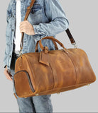 Men's or Women's Crossbody Bag Travelling, Premium Leather Travel Duffel Bag | Carry-All Duffel - Handcrafted Waterproof Gym Carry-On with Shoe Compartment Tan Brown