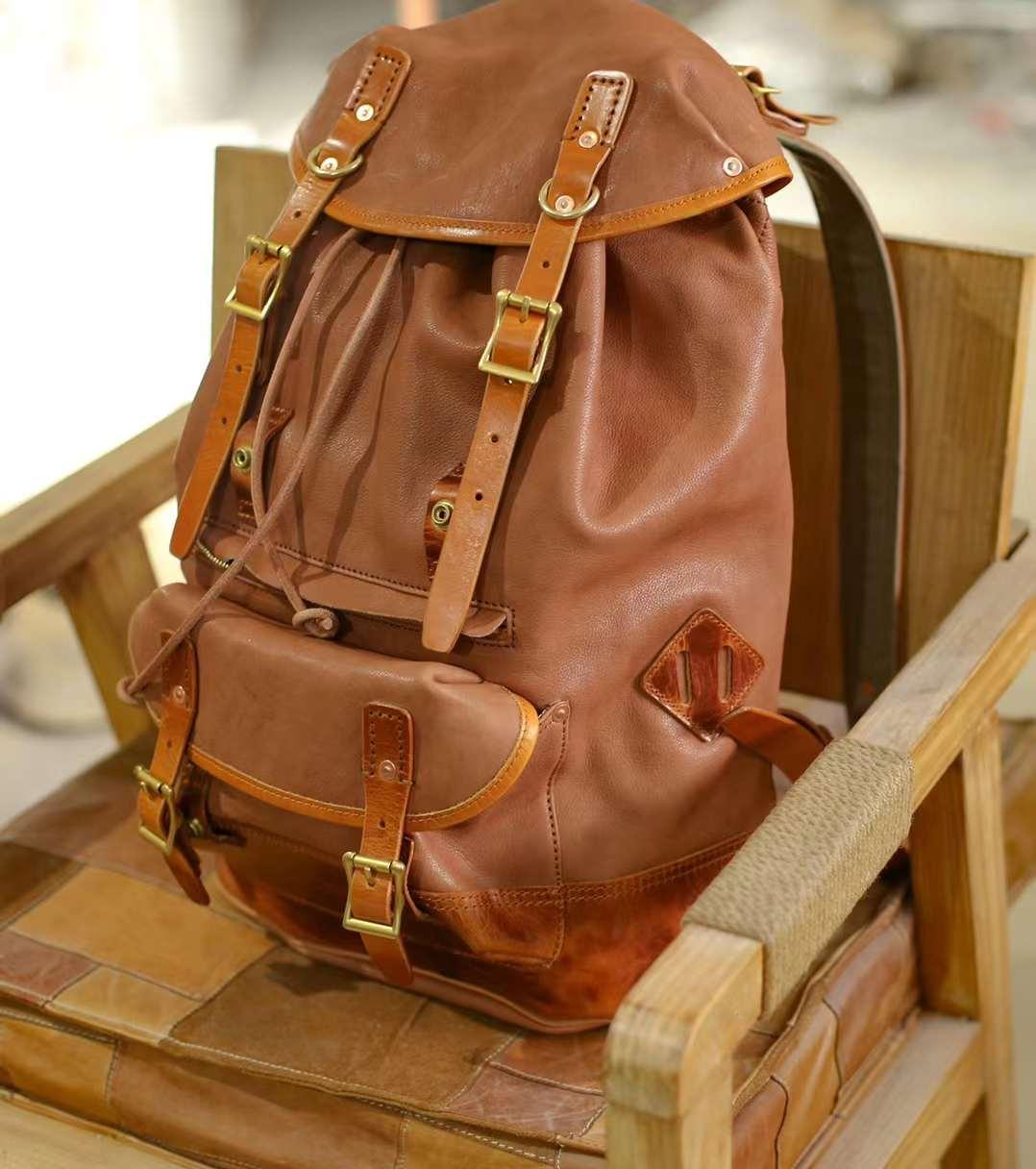 Distressed Coffee Military Style Full Grain Leather Backpack | Vegetable Tanned Cowhide Rucksack