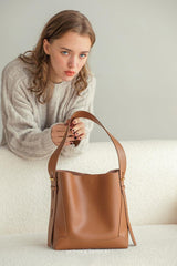 Minimalist Bucket Bag in Genuine Leather | Leather Shoulder Bag Gold Tone, Chic Crossbody Bag, Gift for Her