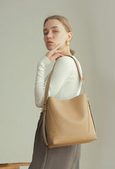 Minimalist Bucket Bag in Genuine Leather | Leather Shoulder Bag Gold Tone, Chic Crossbody Bag, Gift for Her