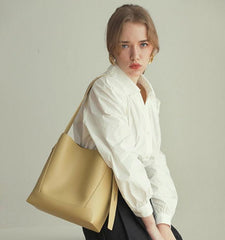 Minimalist Bucket Bag in Genuine Leather | Leather Shoulder Bag Gold Tone, Chic Crossbody Bag, Gift for Her