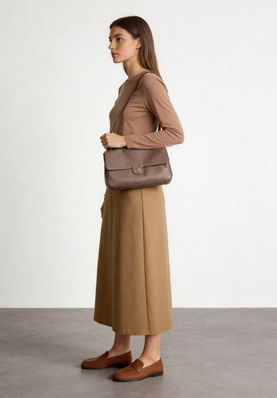 Minimalist Commuter Leather Shoulder Bag | Top Grain Cowhide Handbag with Twist-Lock Closure