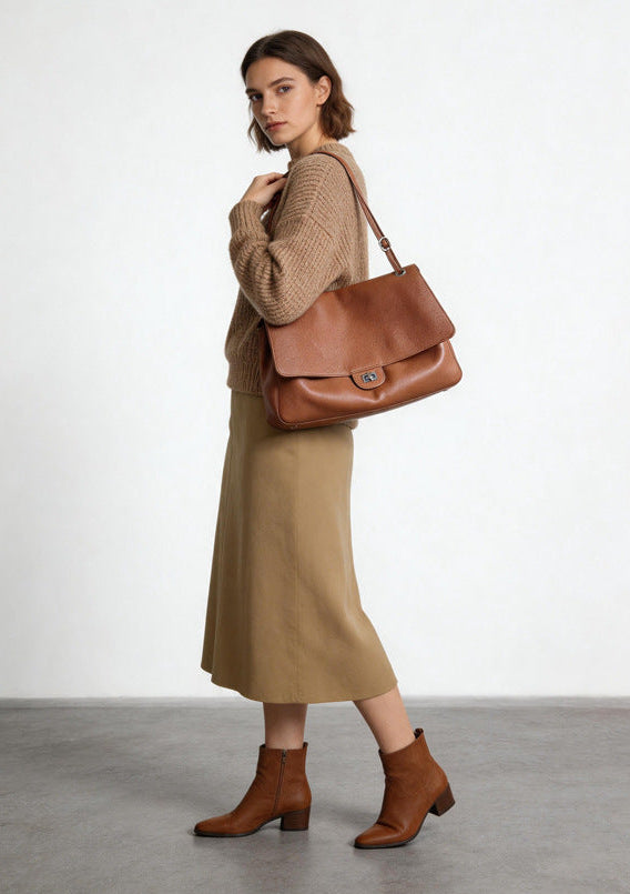 Minimalist Commuter Leather Shoulder Bag | Top Grain Cowhide Handbag with Twist-Lock Closure