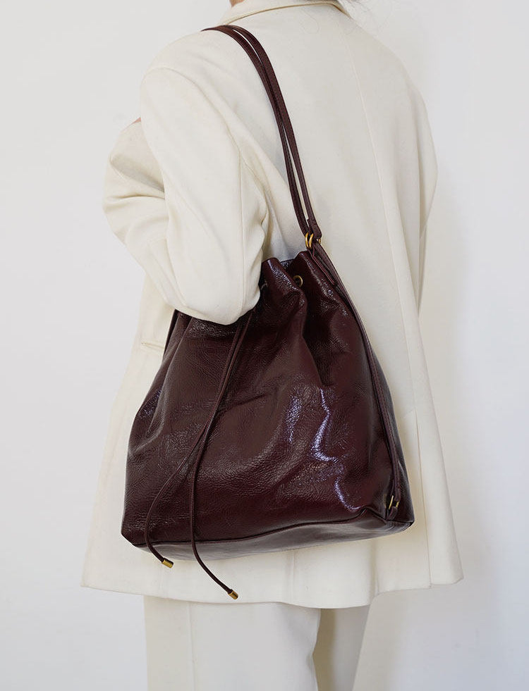 Minimalist Lightweight Oiled Cowhide Leather Versatile Backpack & Shoulder Bucket Bag, Crossbody Tote and Bucket Bag For Women