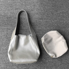 Minimalist Pebbled Cowhide Leather Bucket  Bag, Wide Shoulder Strap Bucket Bag
