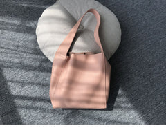Minimalist Pebbled Cowhide Leather Bucket  Bag, Wide Shoulder Strap Bucket Bag