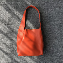 Minimalist Pebbled Cowhide Leather Bucket  Bag, Wide Shoulder Strap Bucket Bag