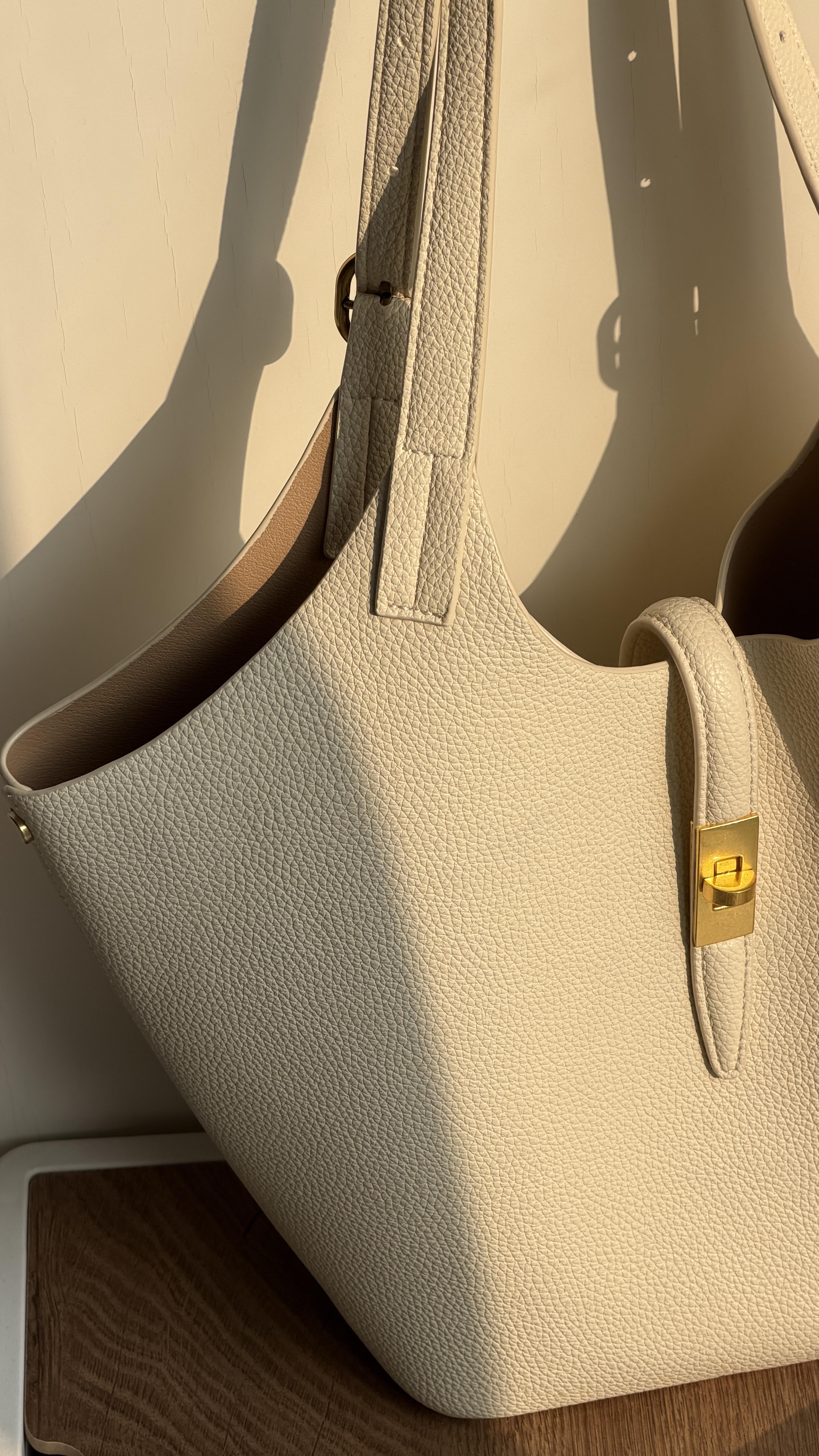 Minimalist Pebbled Leather Tote Bag with Pouch | Large Shoulder Laptop Bucket Bag (2 In 1)